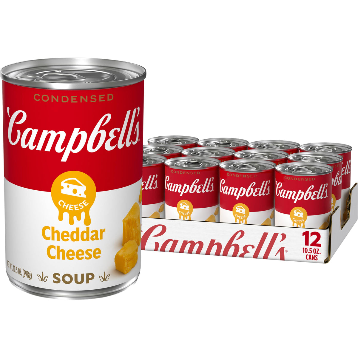 Campbell's Condensed Cheddar Cheese Soup can with creamy base for quick meals.