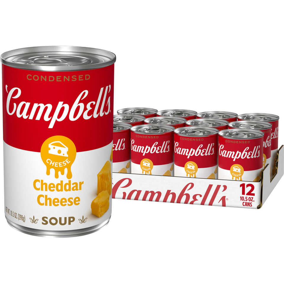 Campbell's Condensed Cheddar Cheese Soup can with creamy base for quick meals.