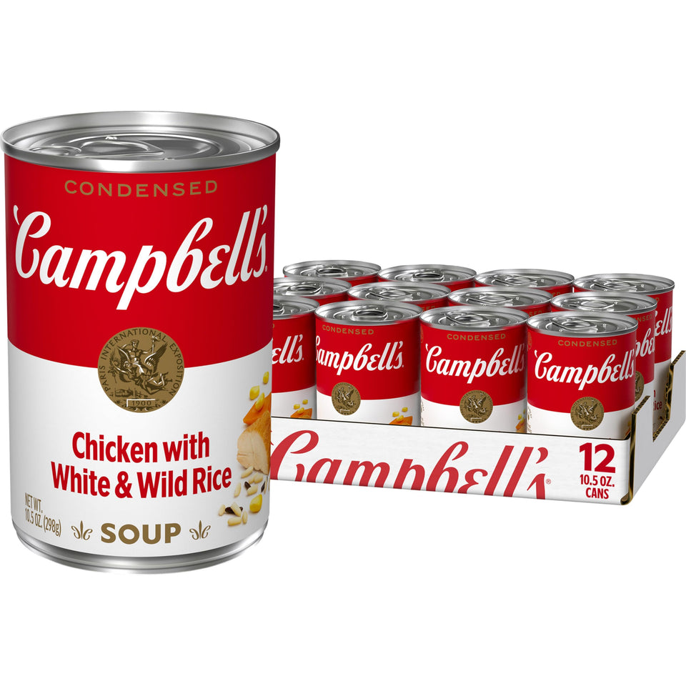 Campbell's Condensed Chicken and Rice Soup can front view for quick comforting meals.