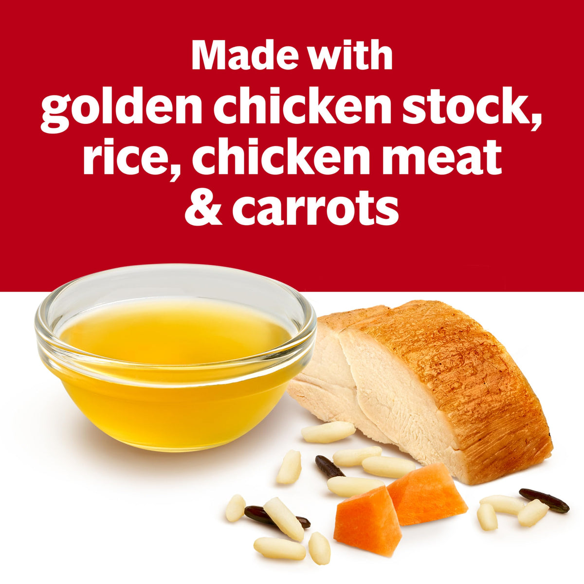 Close-up reveals white and wild rice in Campbell's soup, a wholesome ingredient feature.
