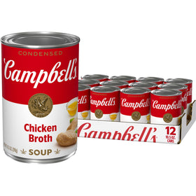 Campbell's Condensed Chicken Broth can opening shows a rich base for quick meals.