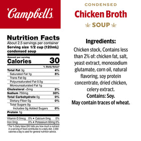 Campbell's Condensed Chicken Broth being poured, a versatile base for gravies.