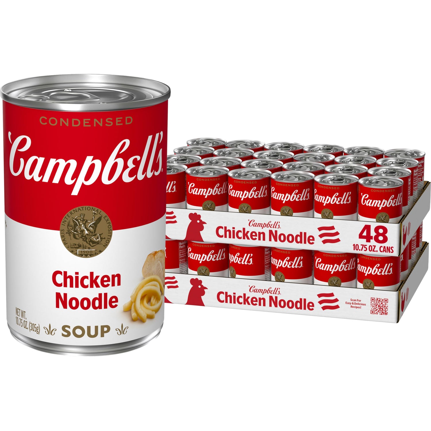 Campbell's Condensed Chicken Noodle Soup can front view, offering quick comfort and familiar flavor.