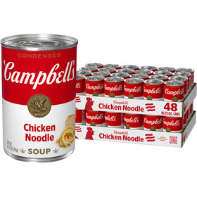 Campbell's Condensed Chicken Noodle Soup can front view, offering quick comfort and familiar flavor.