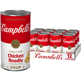 Campbell's Condensed Chicken Noodle Soup can top view, signaling quick weeknight dinner option.