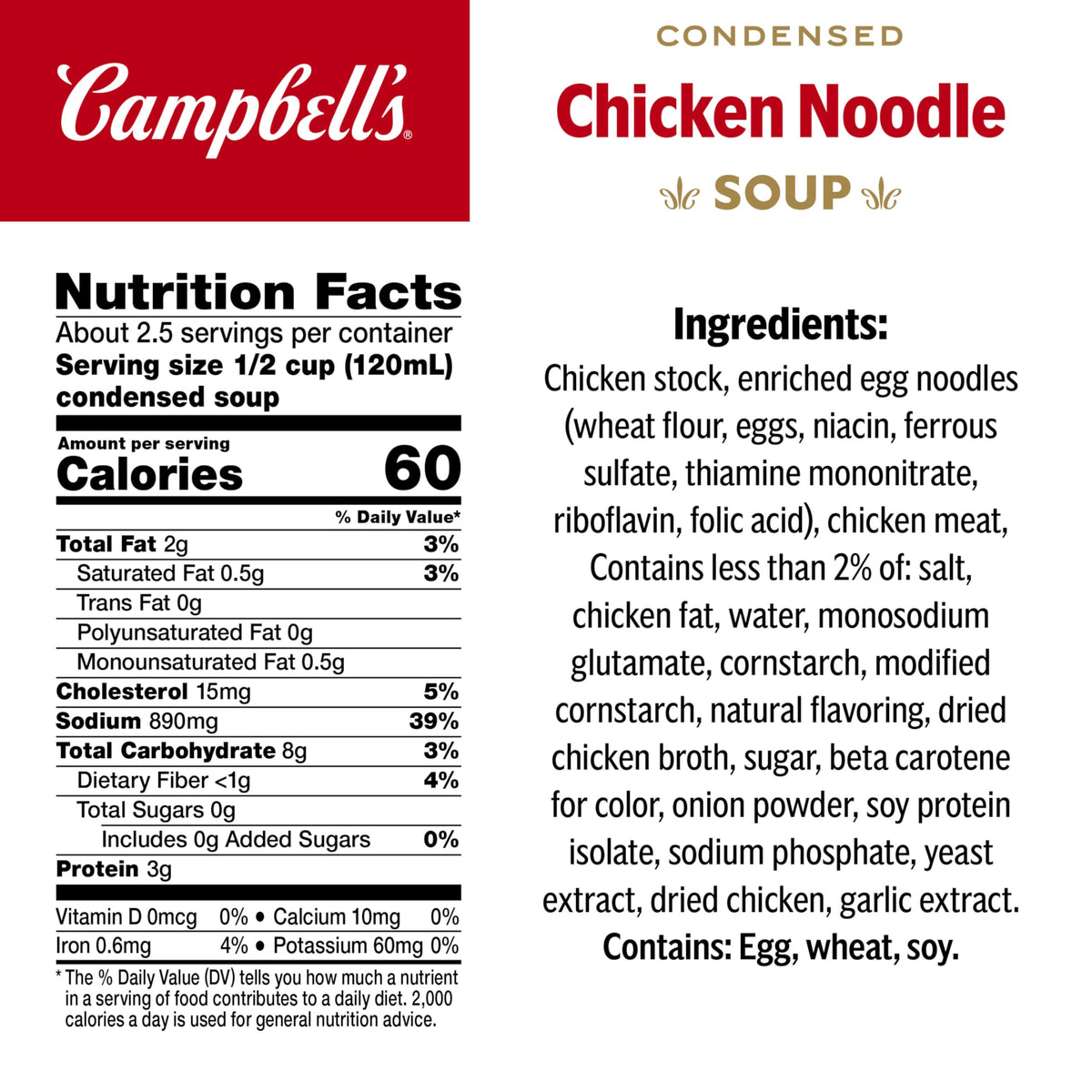 Campbell's Condensed Chicken Noodle Soup ingredients close-up, highlighting chicken and noodles for pantry-friendly meals.