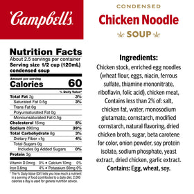Campbell's Condensed Chicken Noodle Soup ingredients close-up, highlighting chicken and noodles for pantry-friendly meals.
