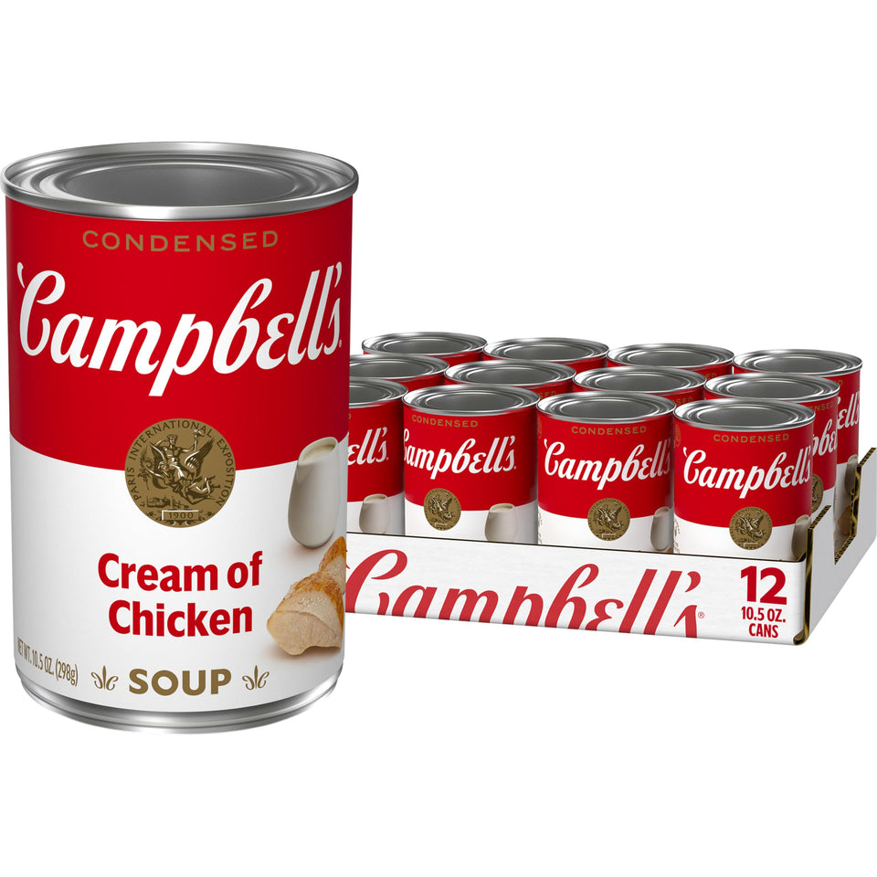 Campbell's condensed cream of chicken soup can front, a rich base for quick meals.