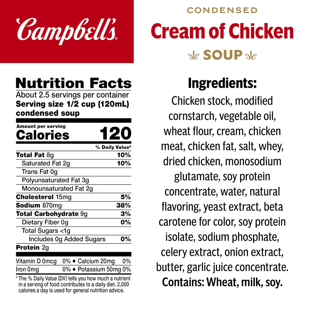 Campbell's condensed cream of chicken soup label closeup, pantry staple for easy cooking.