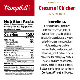 Campbell's condensed cream of chicken soup label closeup, pantry staple for easy cooking.
