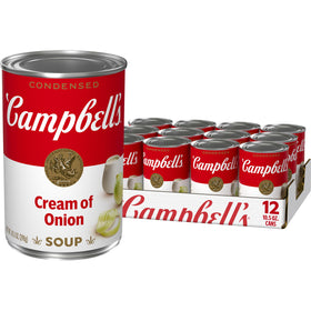 Campbell's Cream of Onion Soup can label showcasing vegetarian, rich flavor in a convenient pantry staple.