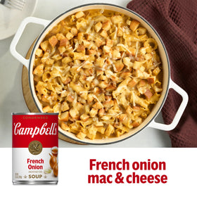Campbell's French Onion Soup steaming bowl, ideal solo or layered with herbs.