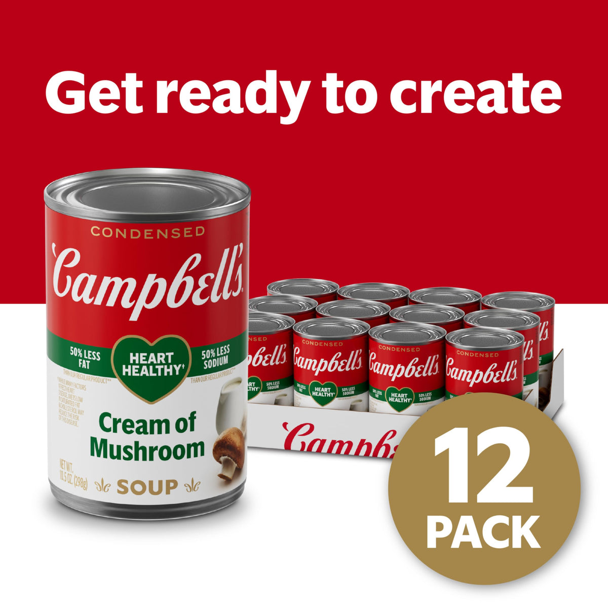 Campbell's Heart Healthy Cream of Mushroom Soup can back highlights nutrition.
