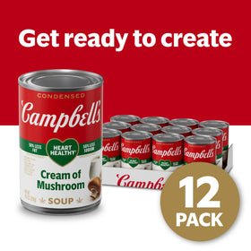 Campbell's Heart Healthy Cream of Mushroom Soup can back highlights nutrition.