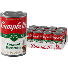 Campbell's Heart Healthy Cream of Mushroom Soup can front shows creamy comfort.