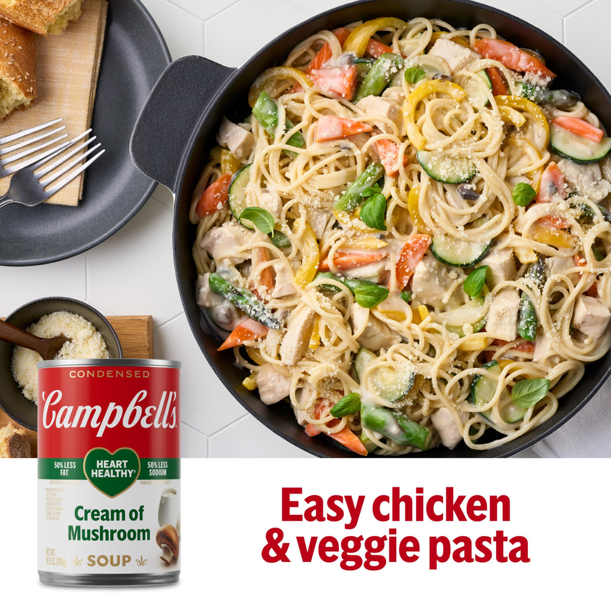 Campbells condensed soup ingredients image emphasizes mushrooms and garlic flavor.