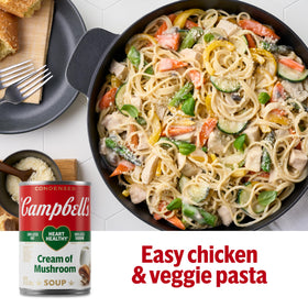 Campbells condensed soup ingredients image emphasizes mushrooms and garlic flavor.