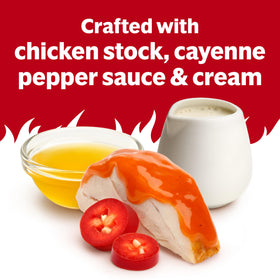 Campbell's Spicy Buffalo-Style Cream of Chicken Soup can back emphasizes recyclable packaging and non-BPA lining.