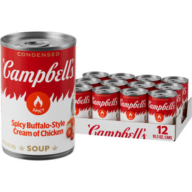 Campbell's Spicy Buffalo-Style Cream of Chicken Soup can front shows creamy base for quick dips.