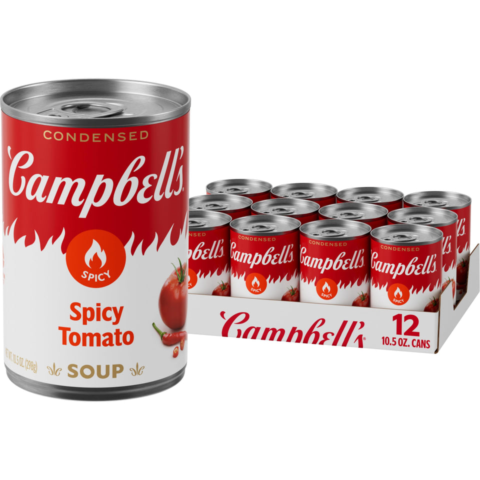 Campbell's Spicy Tomato Soup can on its side, 10.5 oz, ready for quick meals.