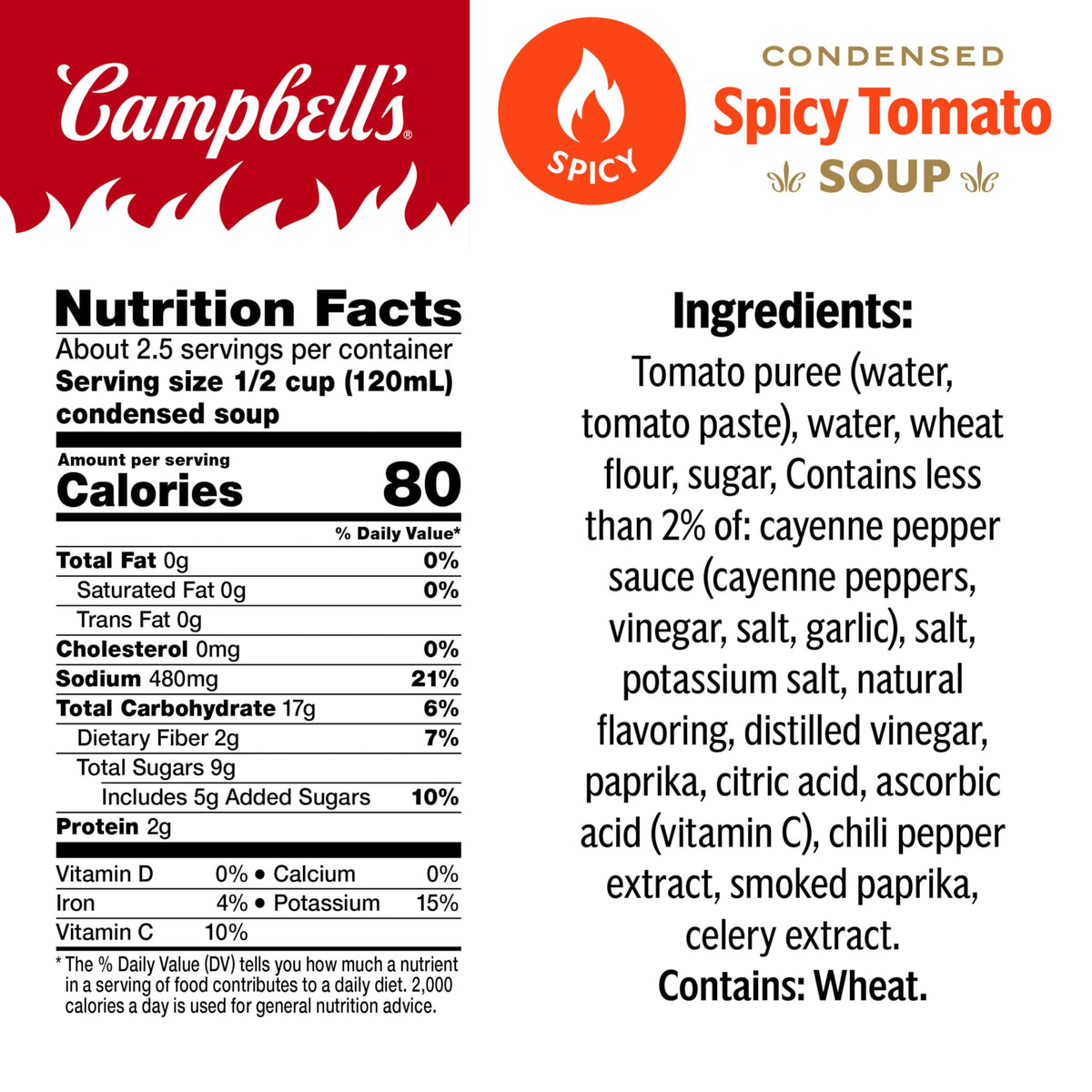 Close-up of Campbell's label shows vegan ingredients and medium heat.