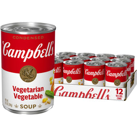 Campbell's Condensed Vegetarian Vegetable Soup can with colorful vegetables for quick comfort.