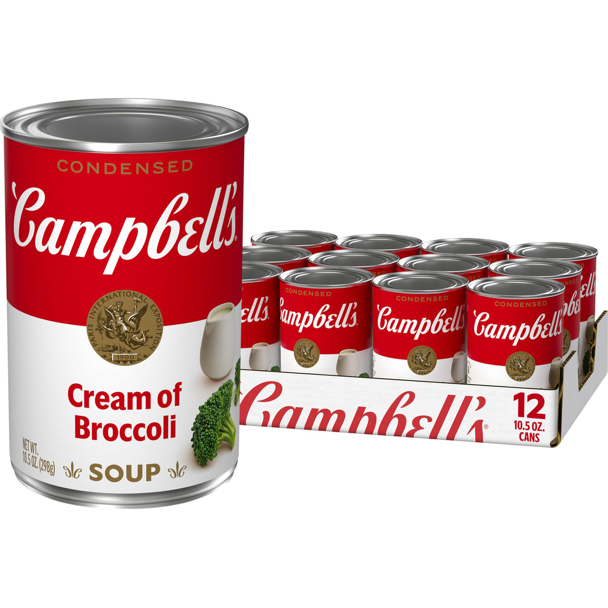 Campbell's Cream of Broccoli Soup can in a 12-pack, ready for meal prep.