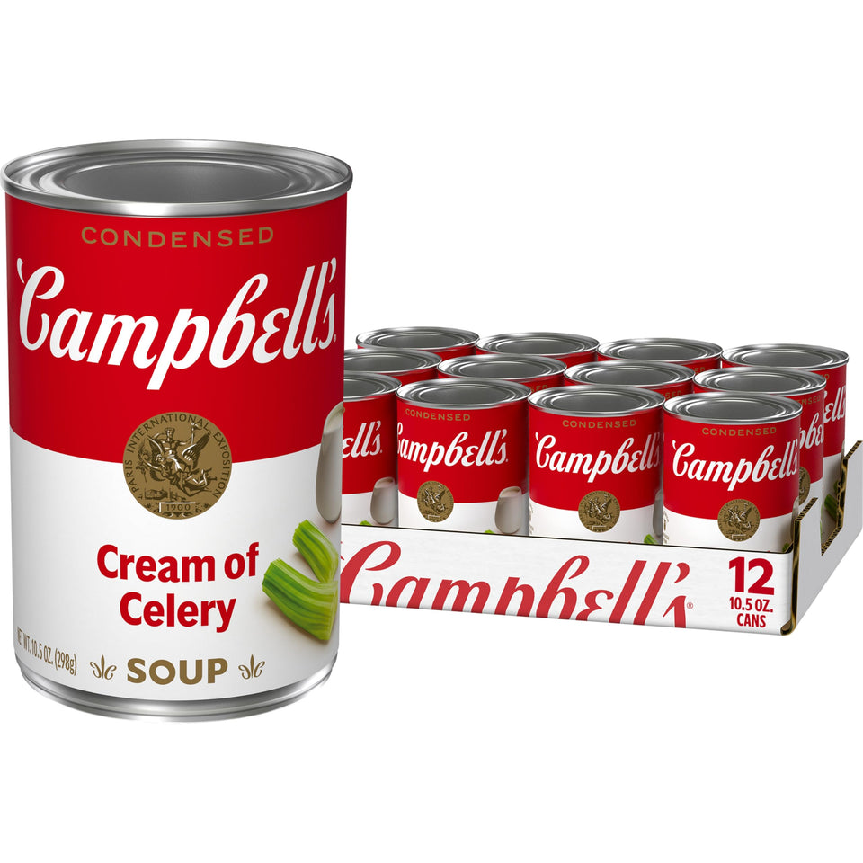 Campbell's Cream of Celery Soup can front view, creamy base for quick meals.