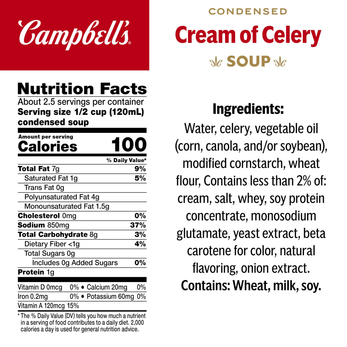 Campbell's Cream of Celery Soup can side view, pantry staple for meals.