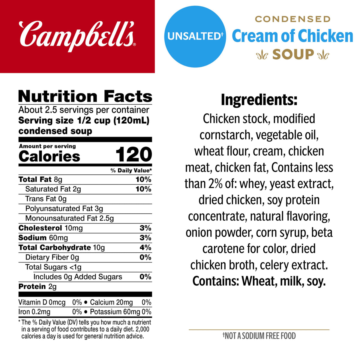 Campbell's cream of chicken soup can close-up highlighting farm-fresh cream.