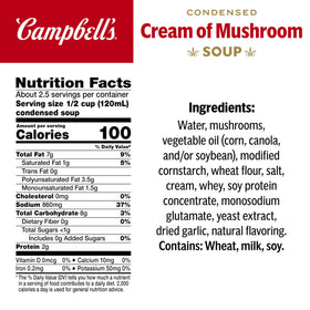 Campbell's Cream of Mushroom Soup label closeup showing simple ingredients and cream
