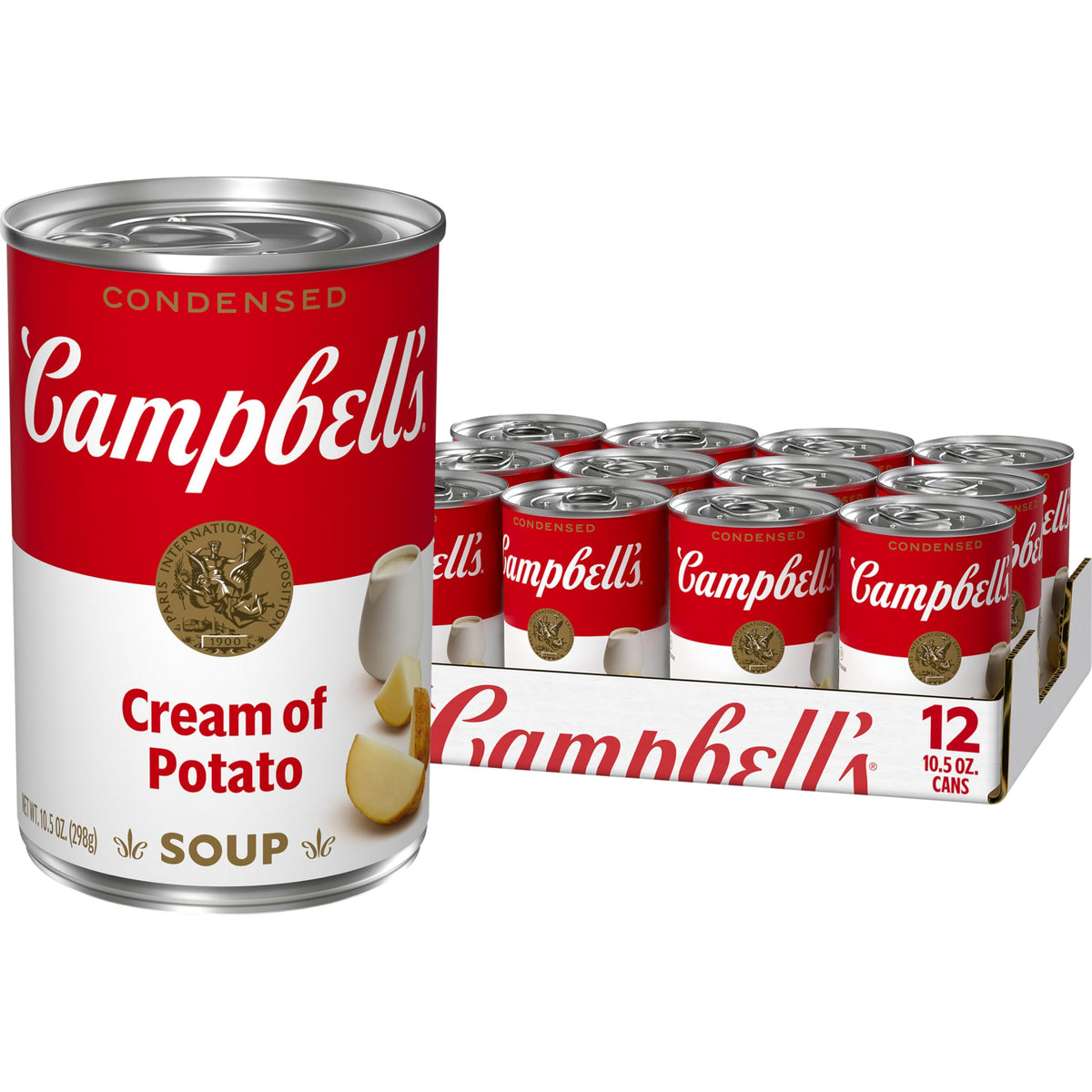 Campbell's Cream of Potato Soup can in a 12-pack, ready for pantry meals.