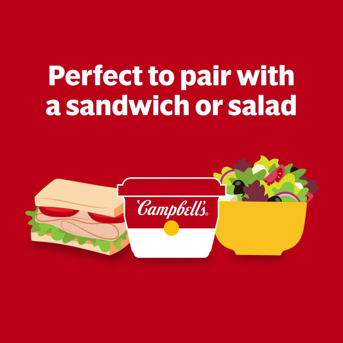 Campbell's Creamy Tomato Soup bowl steaming, ready to enjoy in minutes.