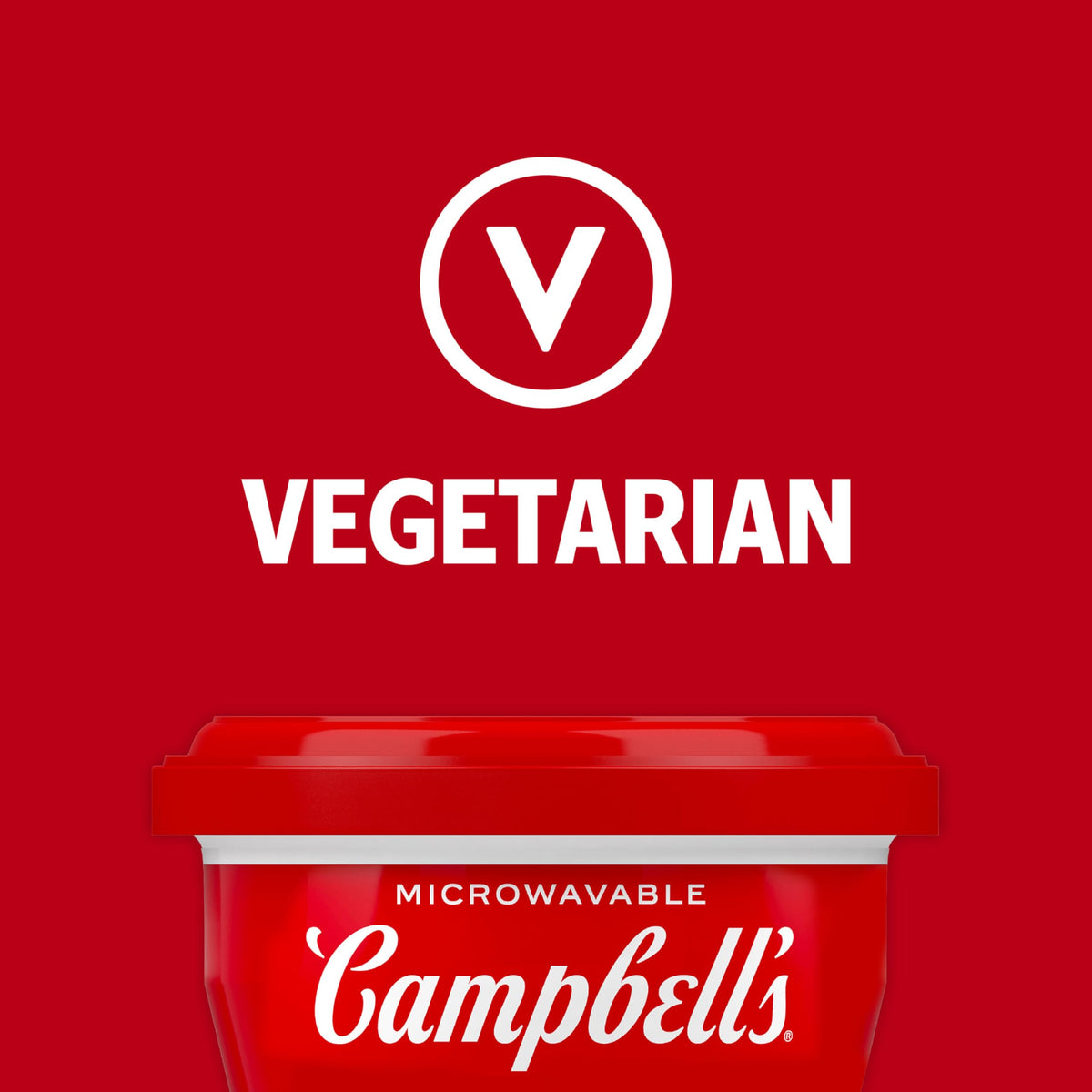 Campbell's Creamy Tomato Soup bowl close-up on ingredients, vegetarian-friendly option.