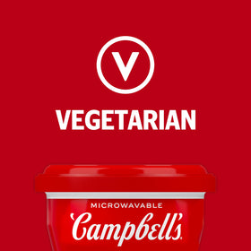 Campbell's Creamy Tomato Soup bowl close-up on ingredients, vegetarian-friendly option.