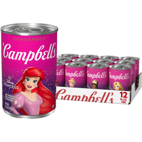 Campbell's Disney Princess soup front can promotes quick kid-friendly meals with familiar branding.