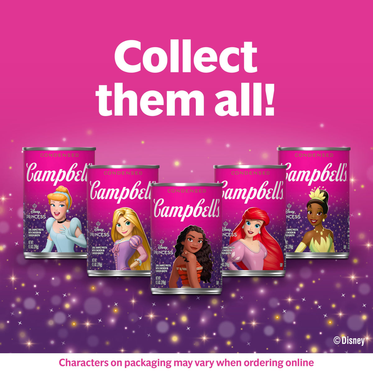 Campbell's Disney Princess soup packaging 12-pack display signals convenient year-round availability.