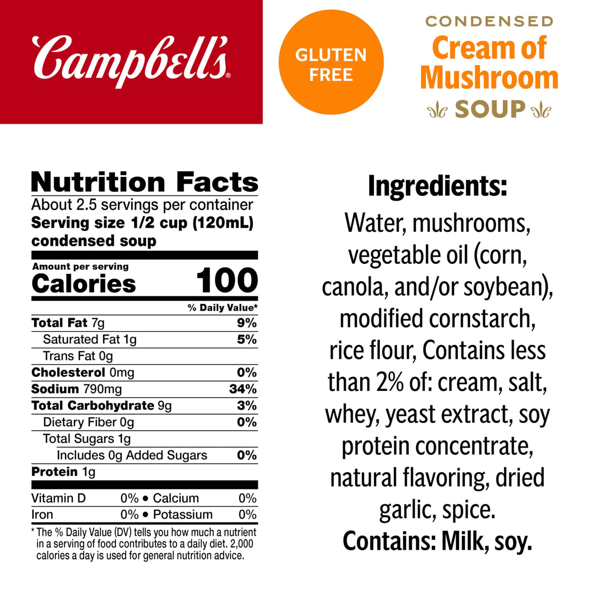 Campbell's gluten-free cream of mushroom soup back label highlighting gluten-free quality