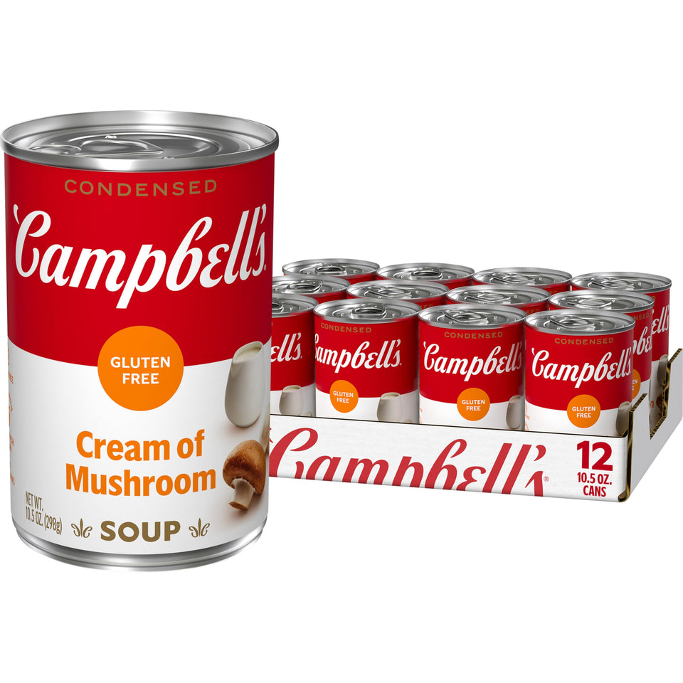 Campbell's gluten-free cream of mushroom soup front label showing creamy base for recipes