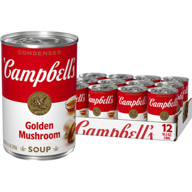 Campbell's Condensed Golden Mushroom Soup can with tender mushrooms, ideal as a quick dinner base.