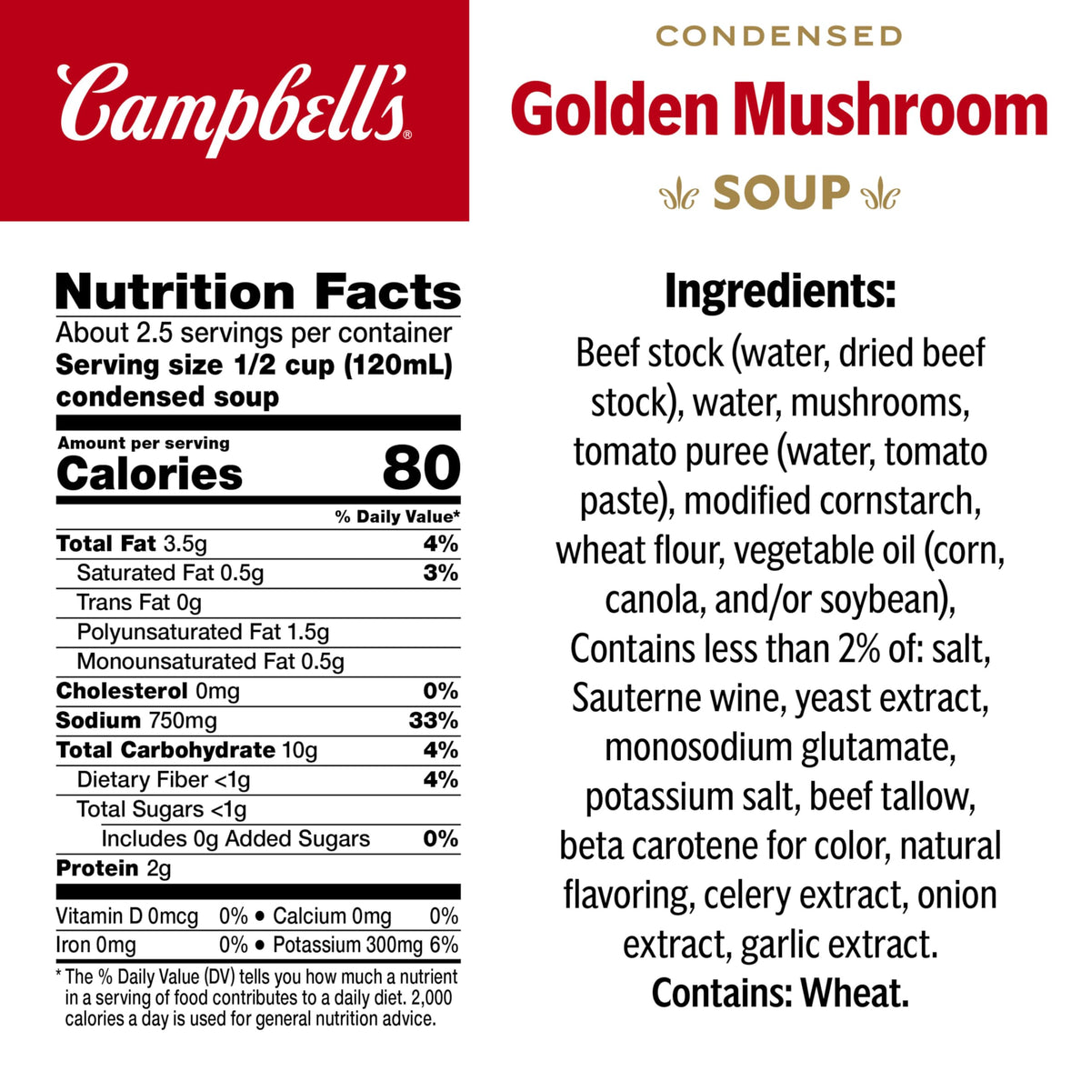 Campbell's Golden Mushroom Soup close-up shows mushrooms and beef stock for rich flavor.