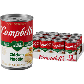 Campbell's Heart Healthy Chicken Noodle Soup can on shelf, convenient pantry staple.