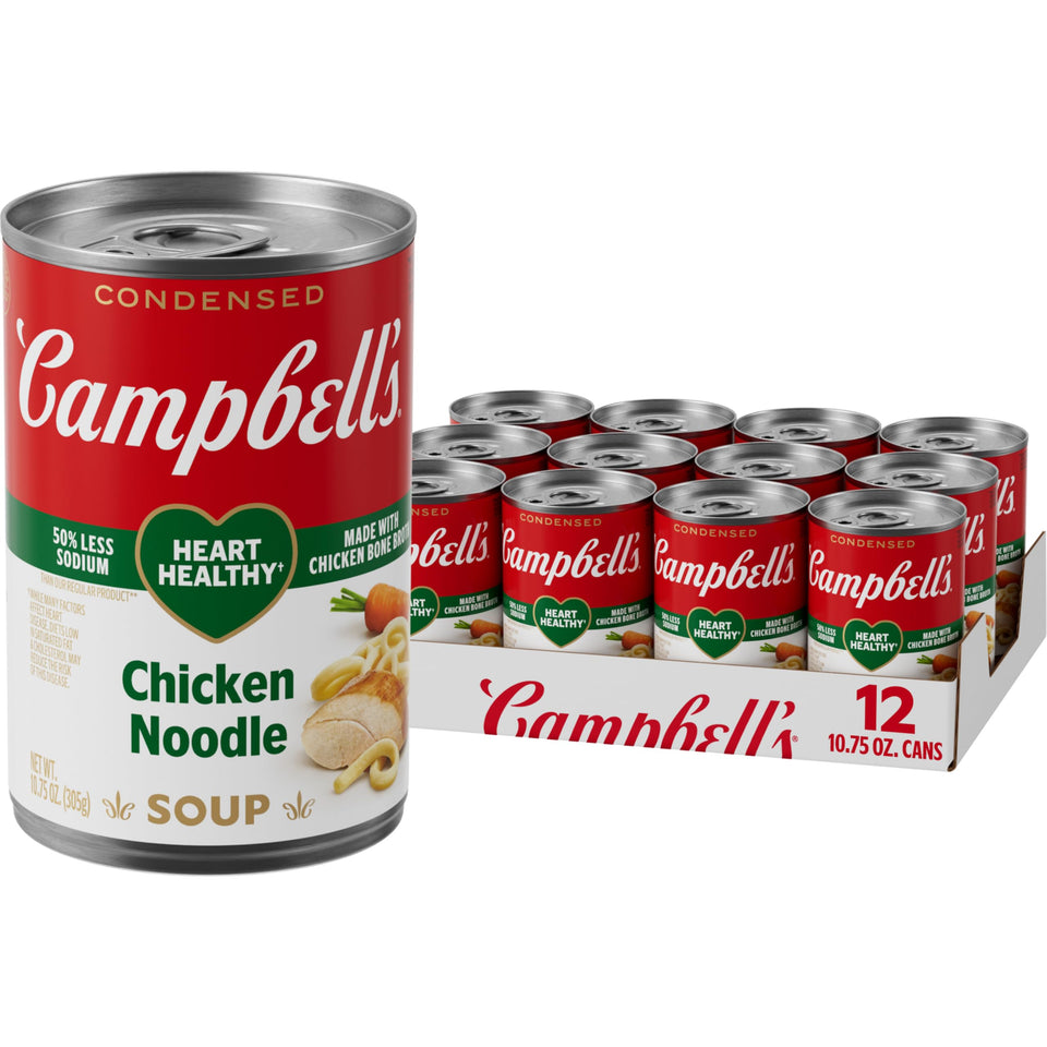 Campbell's Heart Healthy Chicken Noodle Soup can on shelf, convenient pantry staple.