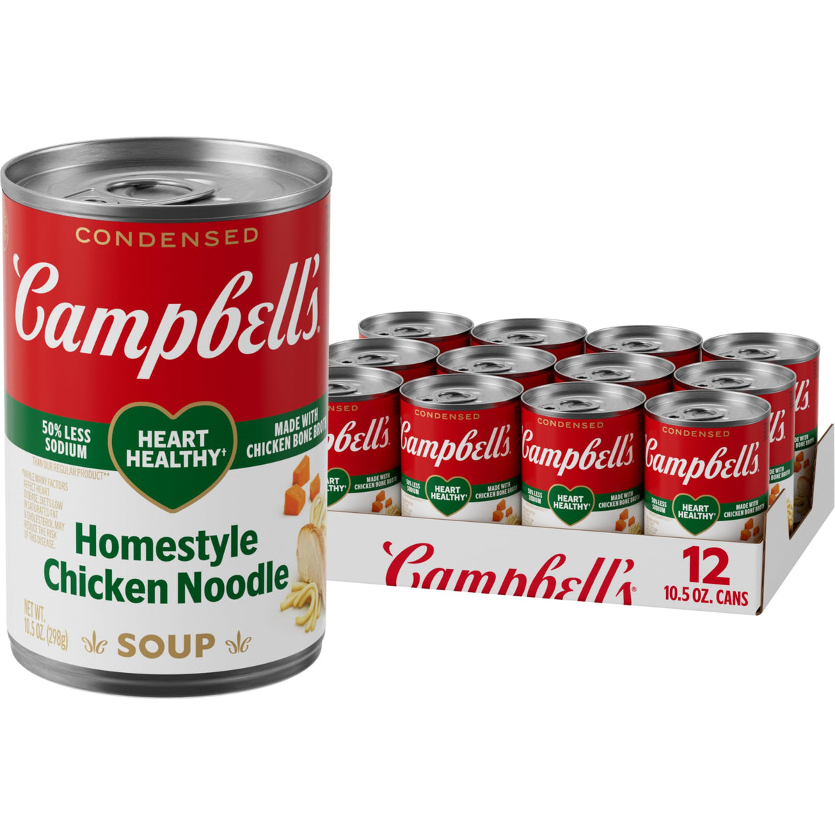 Campbell's Heart Healthy Homestyle Chicken Noodle Soup can in a 12-pack for easy pantry meals