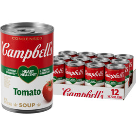 Campbell's Heart Healthy Tomato Soup can shown, ready for a comforting, veggie-forward meal.
