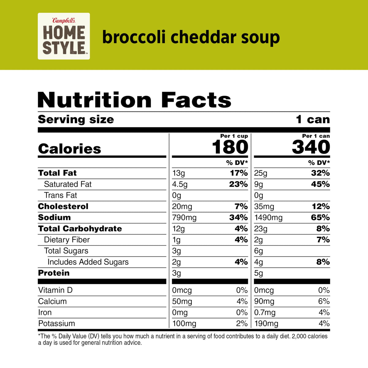 Campbell's Homestyle broccoli cheddar soup can close-up highlighting creamy texture.