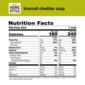 Campbell's Homestyle broccoli cheddar soup can close-up highlighting creamy texture.