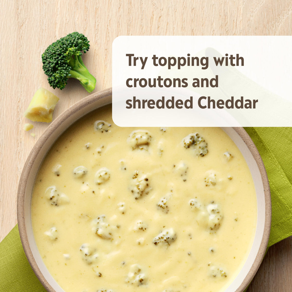 Microwave steps in a covered bowl for Campbell's Homestyle Broccoli Cheddar Soup—quick heat.