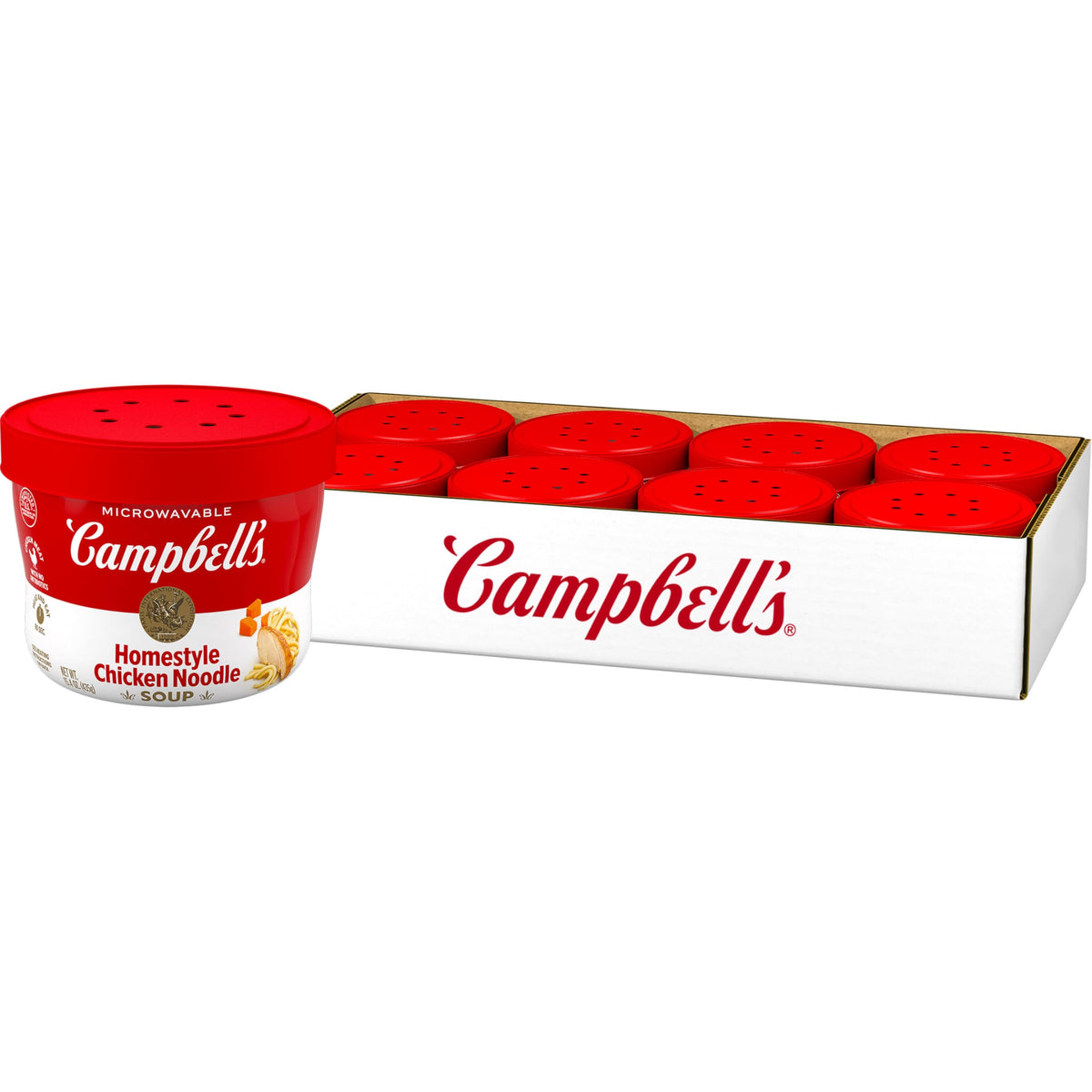 Campbell's Homestyle Chicken Noodle Soup bowl front view, ready to heat for a comforting meal