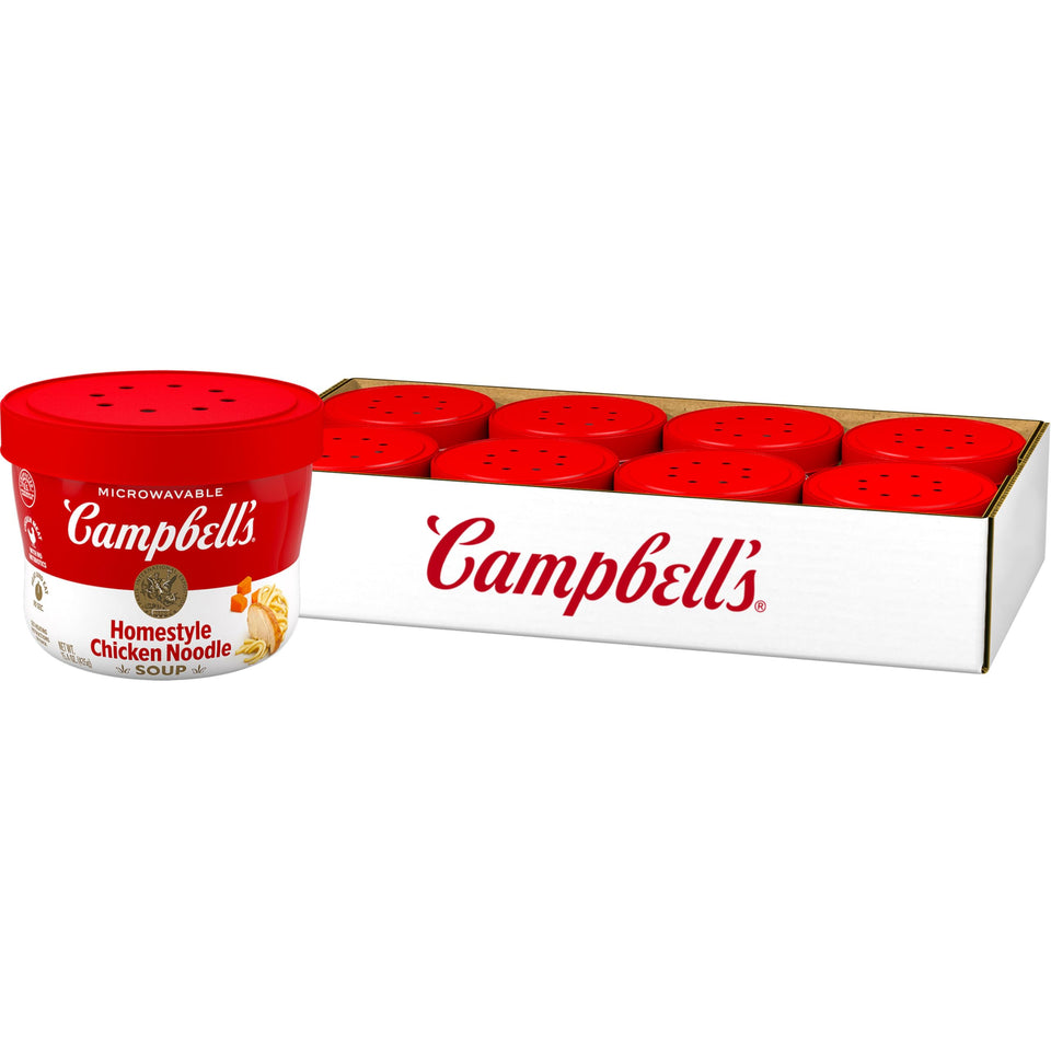 Campbell's Homestyle Chicken Noodle Soup bowl front view, ready to heat for a comforting meal
